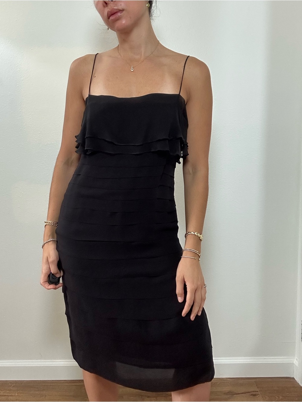 Vintage Robbie Bee Black 100% Silk Chiffon Sleeveless Layered Slip Dress Size S